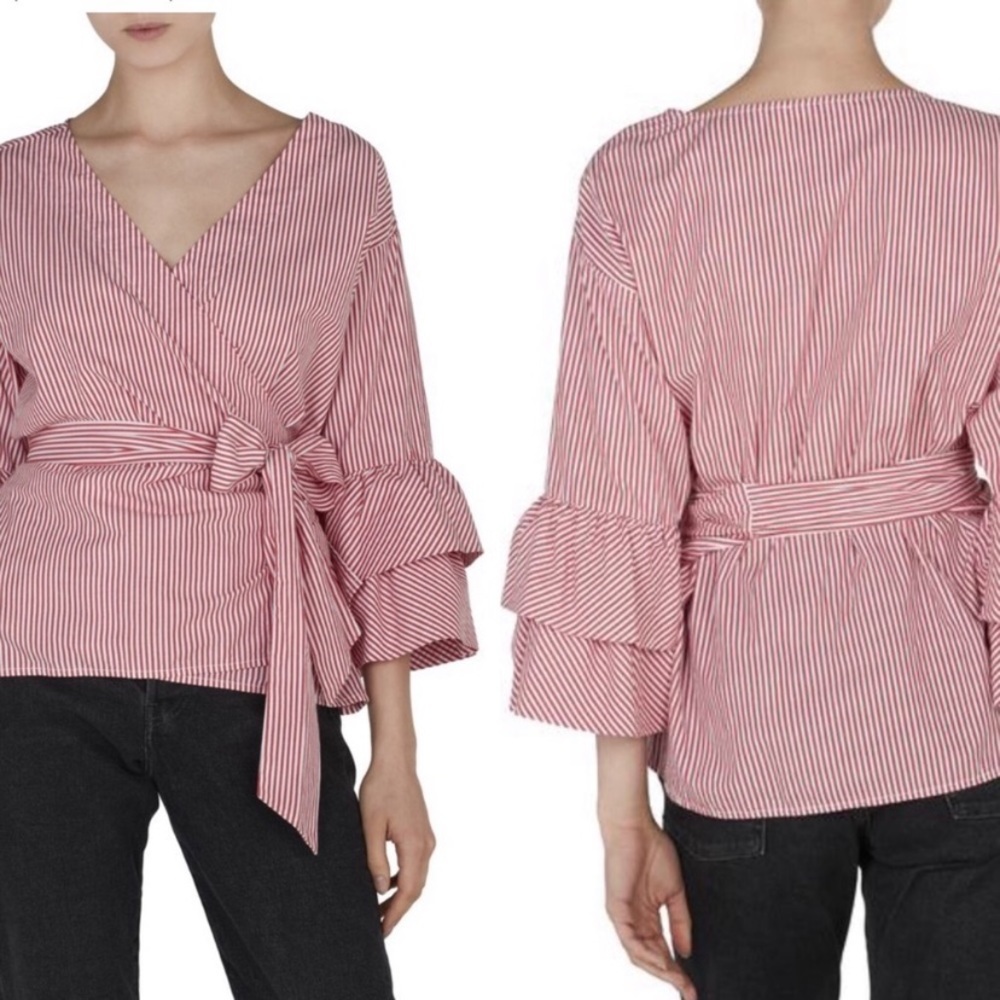 BeachLunchLounge White Red Stripe Wraparound Tie Back 3/4 Ruffle Sleeve Top XS